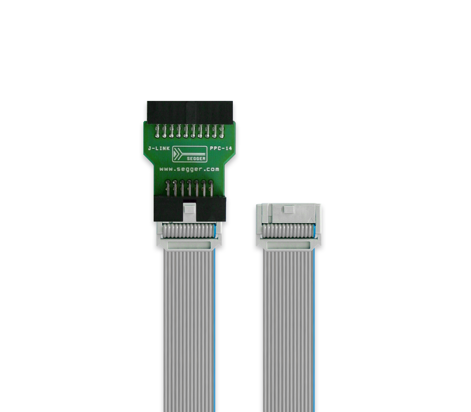 An image of a cable with two connectors, one side featuring a green circuit board labeled "J-LINK PPC-14" from SEGGER, and the other side showing a gray ribbon connector. The cable is designed for programming and debugging electronic devices.