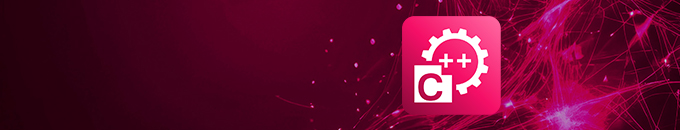A graphic featuring a pink background adorned with abstract lines and shapes. Prominently displayed is a square icon with the letters "C++" and a gear symbol, suggesting a focus on programming or software development in the C++ language.