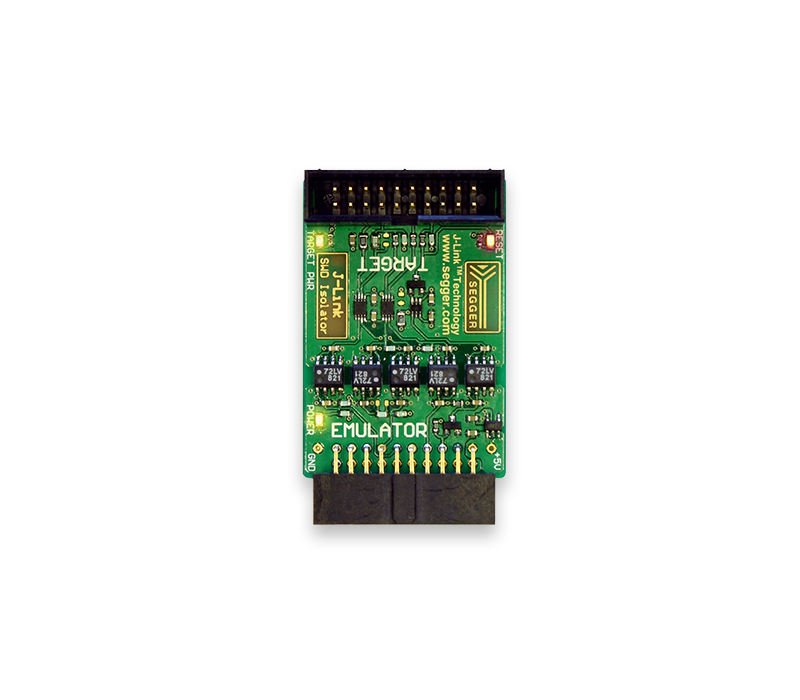The image features a green electronic circuit board labeled "EMULATOR" at the bottom. It displays various components, including resistors and capacitors, and a connector at the top for interfacing. The board is designed for programming and debugging embedded systems.