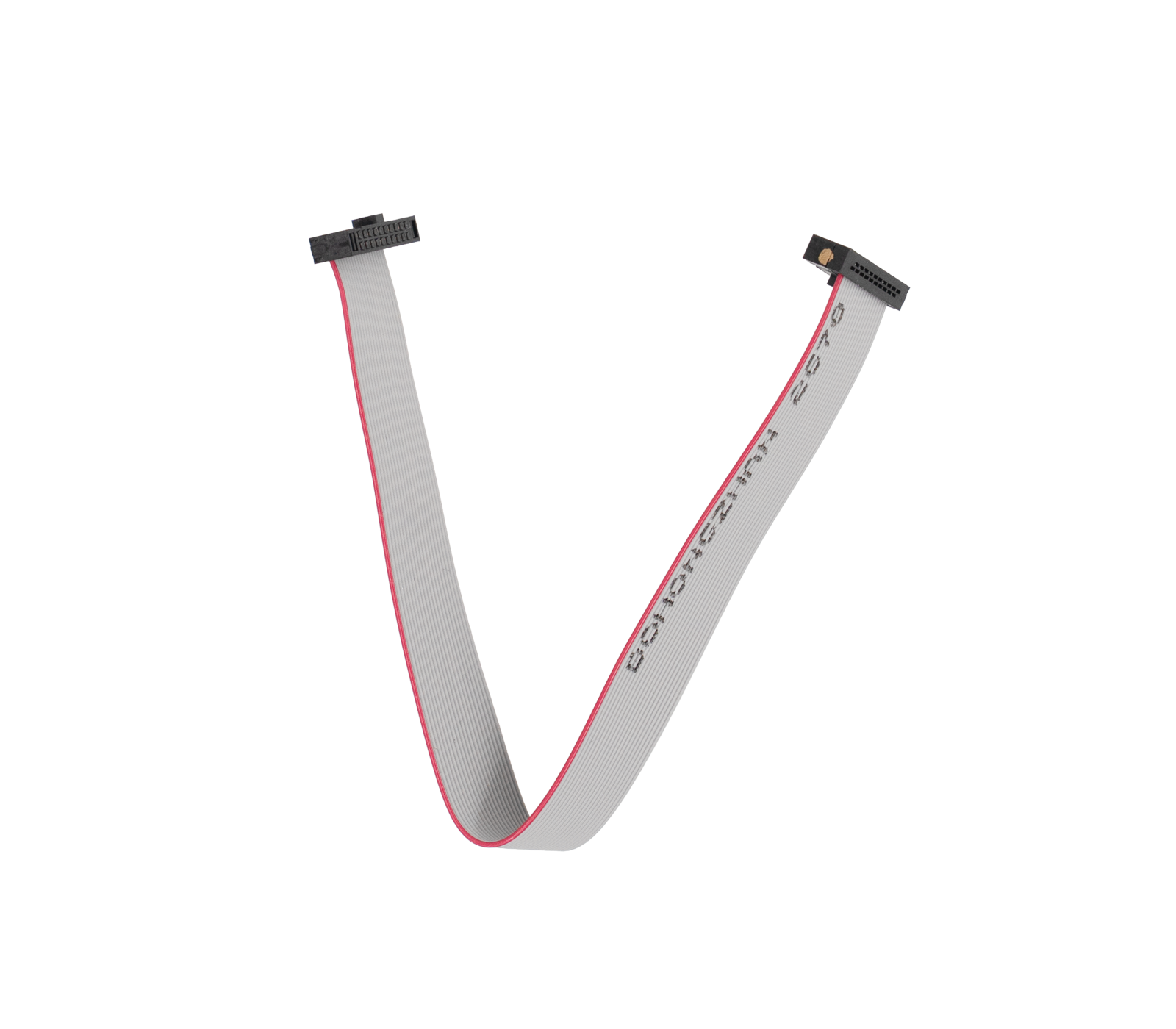 A flat, gray ribbon cable bends in a "V" shape, featuring connectors at both ends. Red lines run along the edges, indicating its design for electronic connectivity. The cable is typically used to connect computer components.