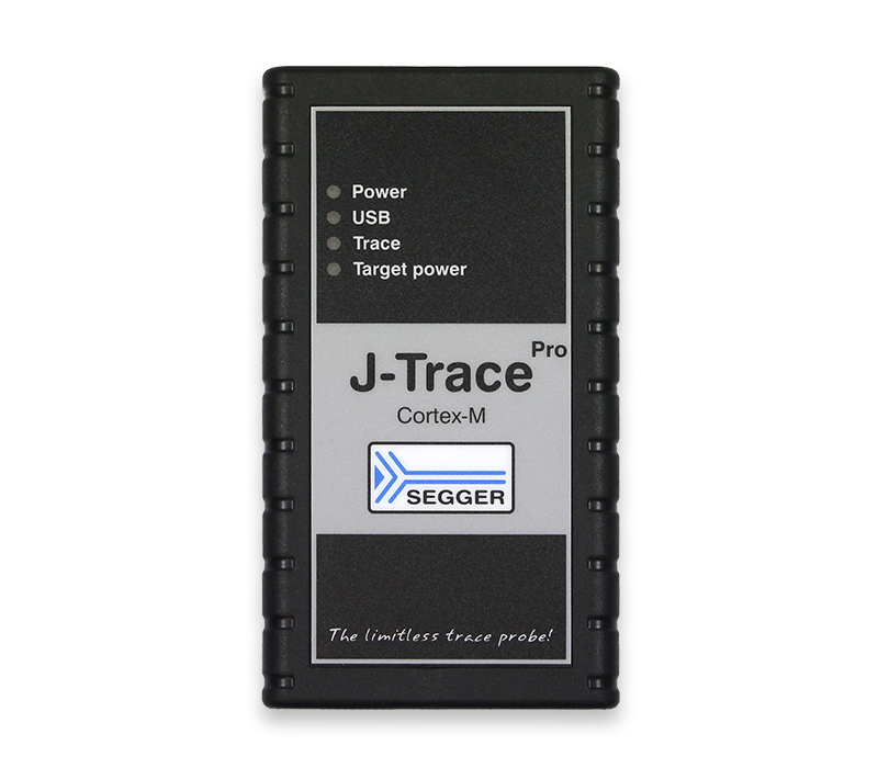 A black rectangular device labeled "J-Trace Pro Cortex-M" with indicators for power, USB, trace, and target power. It features a logo and the tagline "The limitless trace probe!" displayed at the bottom. The device is designed for debugging and tracing applications.