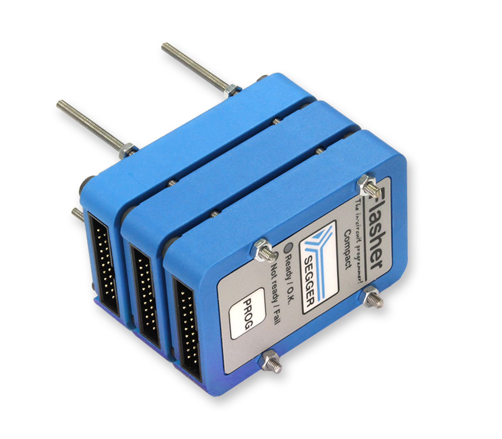 A compact blue device labeled "Flasher" designed for embedded programming. It features multiple connectors on the side and indicator lights for operational status, including "Ready" and "Fail." The product is made by SEGGER and is intended for programming tasks in electronics.