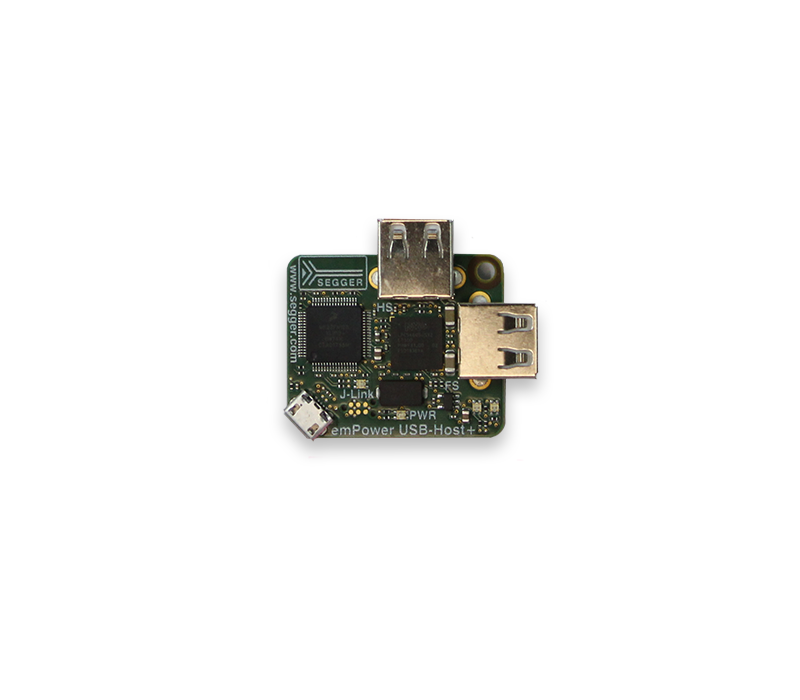 This image features a small electronic circuit board, identifiable as a USB host controller. It includes two standard USB ports, a micro USB port, and various electronic components, designed for connecting devices and managing power. The board is predominantly green with printed circuitry.