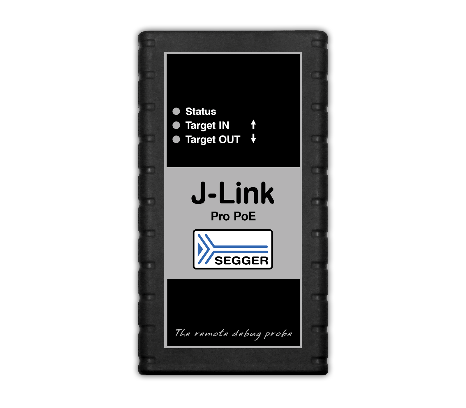 Image of a J-Link Pro PoE device. The front panel features indicators for status, Target IN, and Target OUT. The company logo for SEGGER is displayed. It suggests that this device is used for remote debugging purposes.