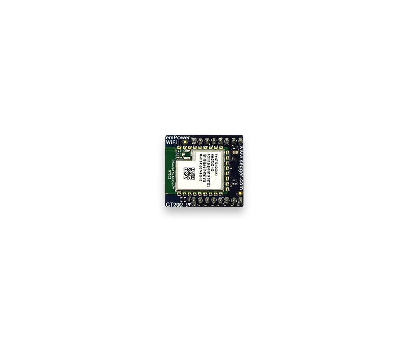 Image of a small electronic Wi-Fi module prominently featuring a square integrated circuit surrounded by multiple pins. The module is labeled with "emPower WiFi" and includes a QR code in the center. It is designed for connectivity applications in various electronic projects.